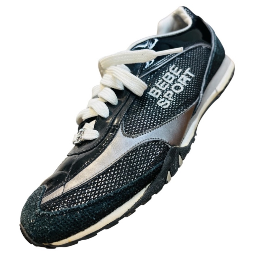 VINTAGE Y2K BEBE Sport Women’s Black and Silver Tennis Sneakers Size 8 - Picture 1 of 9